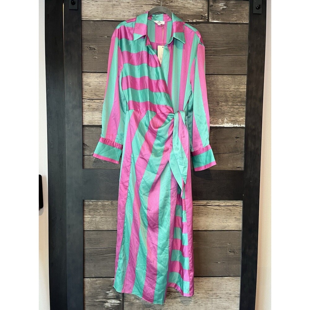 Entro Pink Green Stripe Maxi Dress Large Long Sleeve Button Cuff Tie Wrap NWT